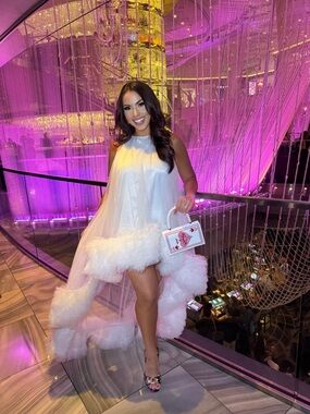 AKIRA White High-Low Feather Hem Wedding Dress